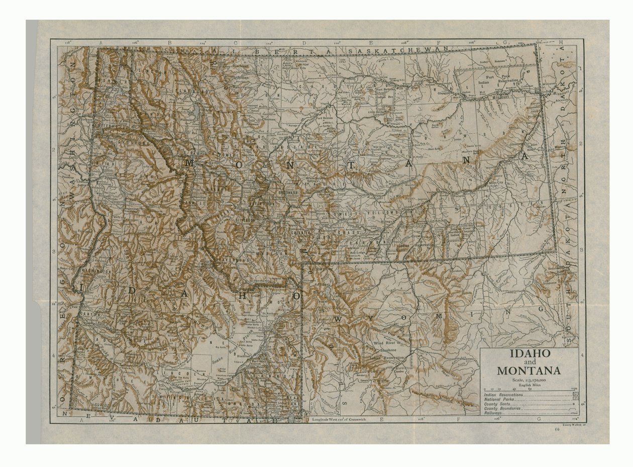 Kart over Idaho og Montana, USA, ca 1910-tallet. av Emery Walker