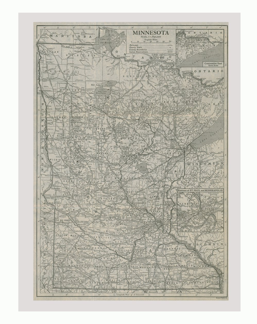 Kart over Minnesota, USA, ca 1900-tallet. av Emery Walker