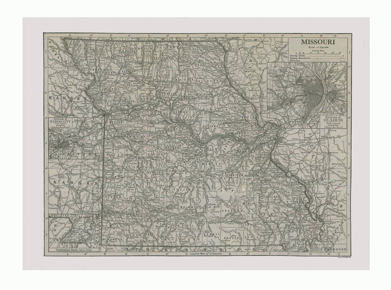Kart over Missouri, USA, ca 1900-tallet. av Emery Walker