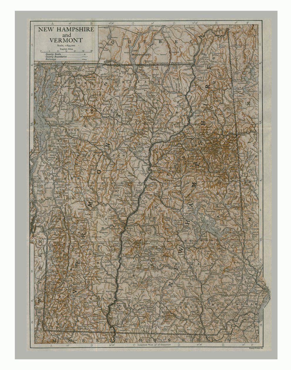 Kart over New Hampshire og Vermont, USA, ca 1900-tallet. av Emery Walker