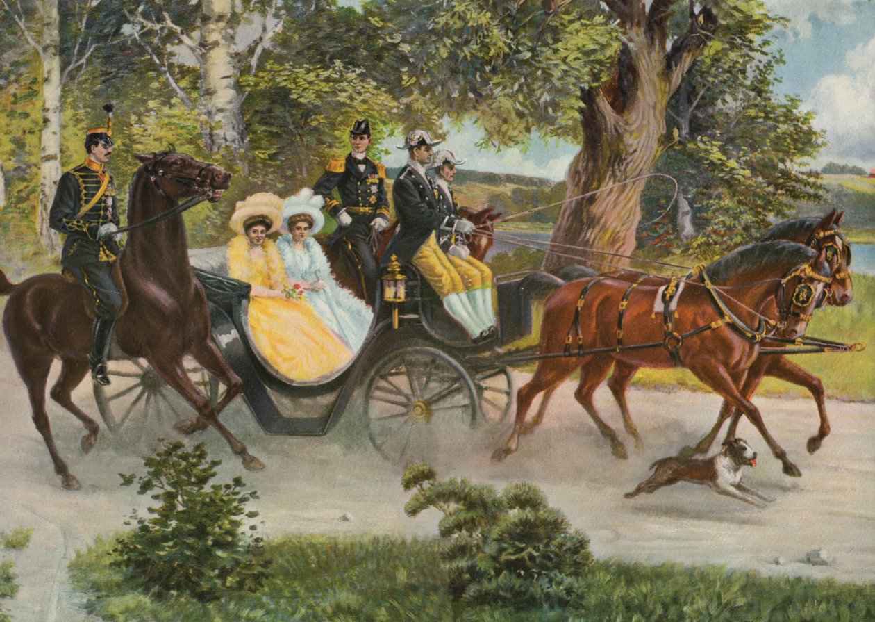 Margaret av Connaught med Gustaf VI Adolf og prins Wilhelm av Sverige med sin kone storhertuginne Maria Pavlovna av Russland, ca. 1914 av Emil (after) Aberg