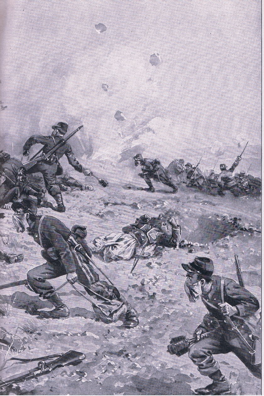 Et fransk håndgranatangrep på Les Spanges, fra puben The Illustrated History of the World War 1914-1915. av Union Berlagsefellfchaft av Emil (after) Limmer
