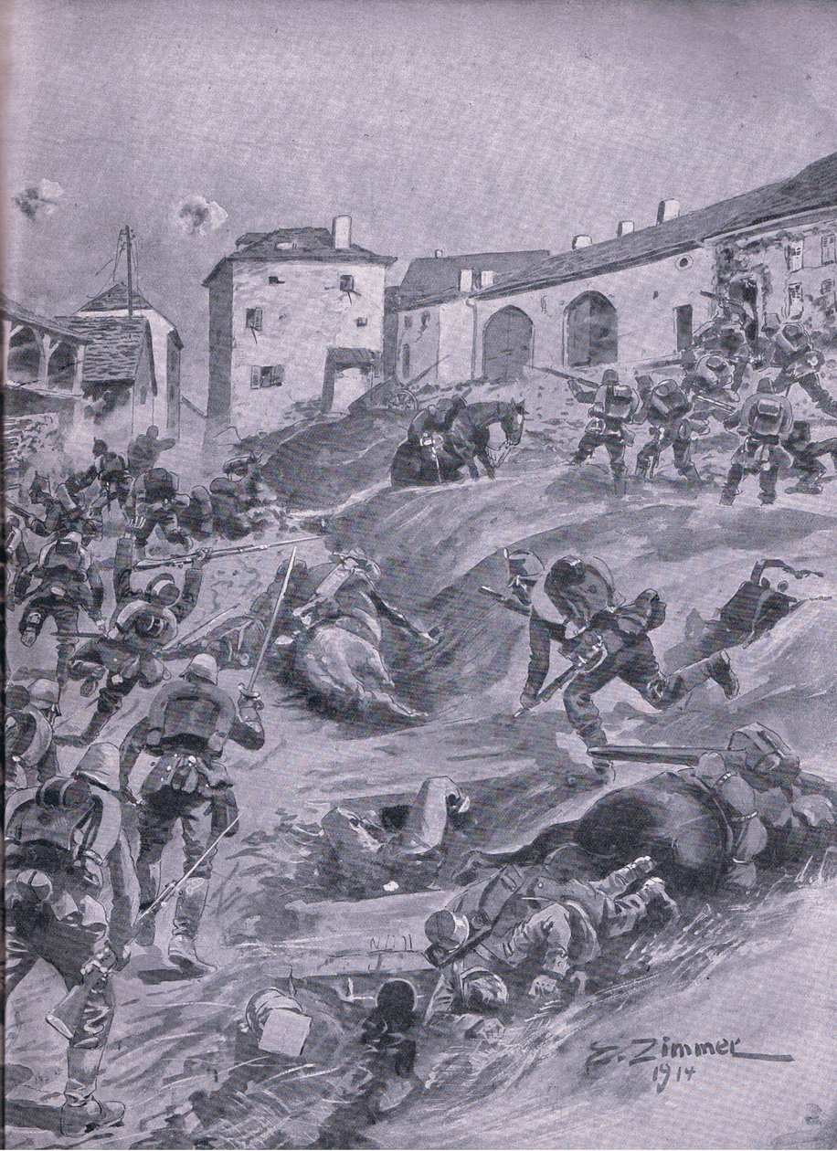 Aschaffenberg 2. bayerske jegerbataljon ved Lagarde august 1914, fra puben The Illustrated History of the World War 1914-1915. av Union Berlagsefellfchaft av Emil (after) Limmer
