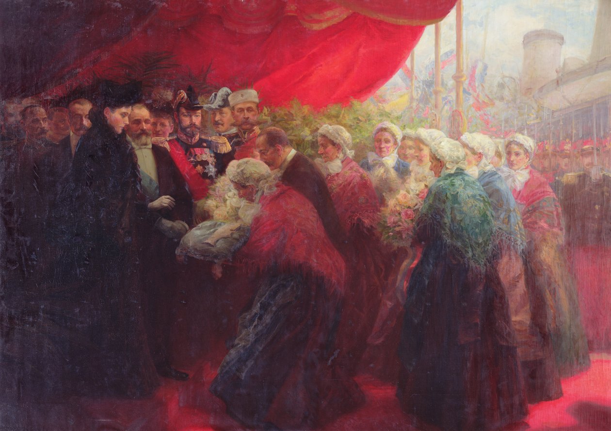 Bazennes tilbyr en sølvfisk til Alix av Hessen-Darmstadt, keiserinne av Russland, i Dunkerque i 1901 av Emil Benediktoff Hirschfeld