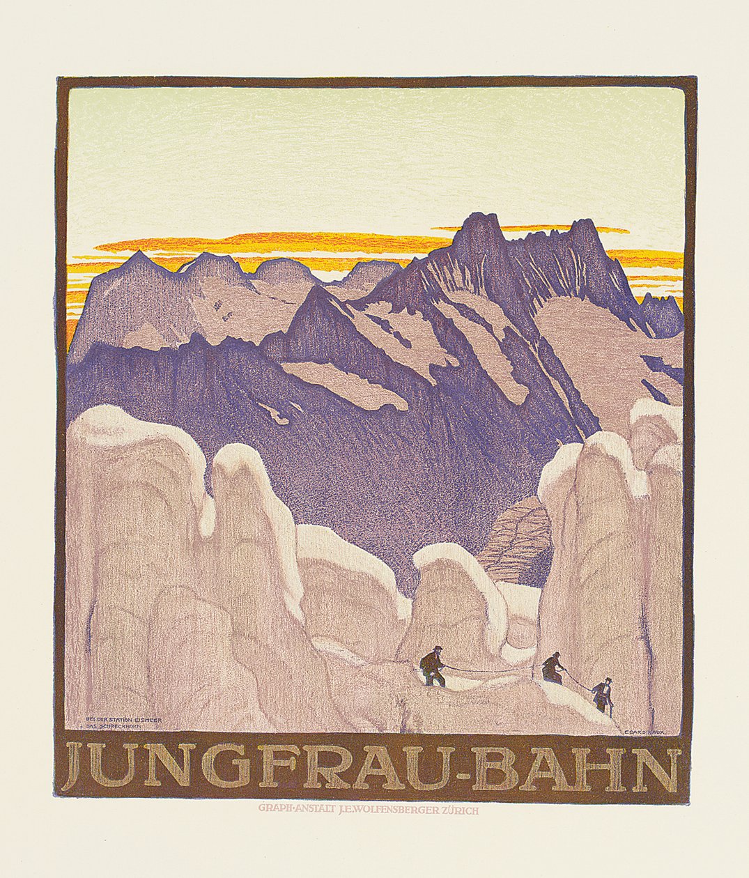 Jungfrau-Bahn, plakat som annonserer Jungfrau fjelljernbane (farge litho) av Emil Cardinaux