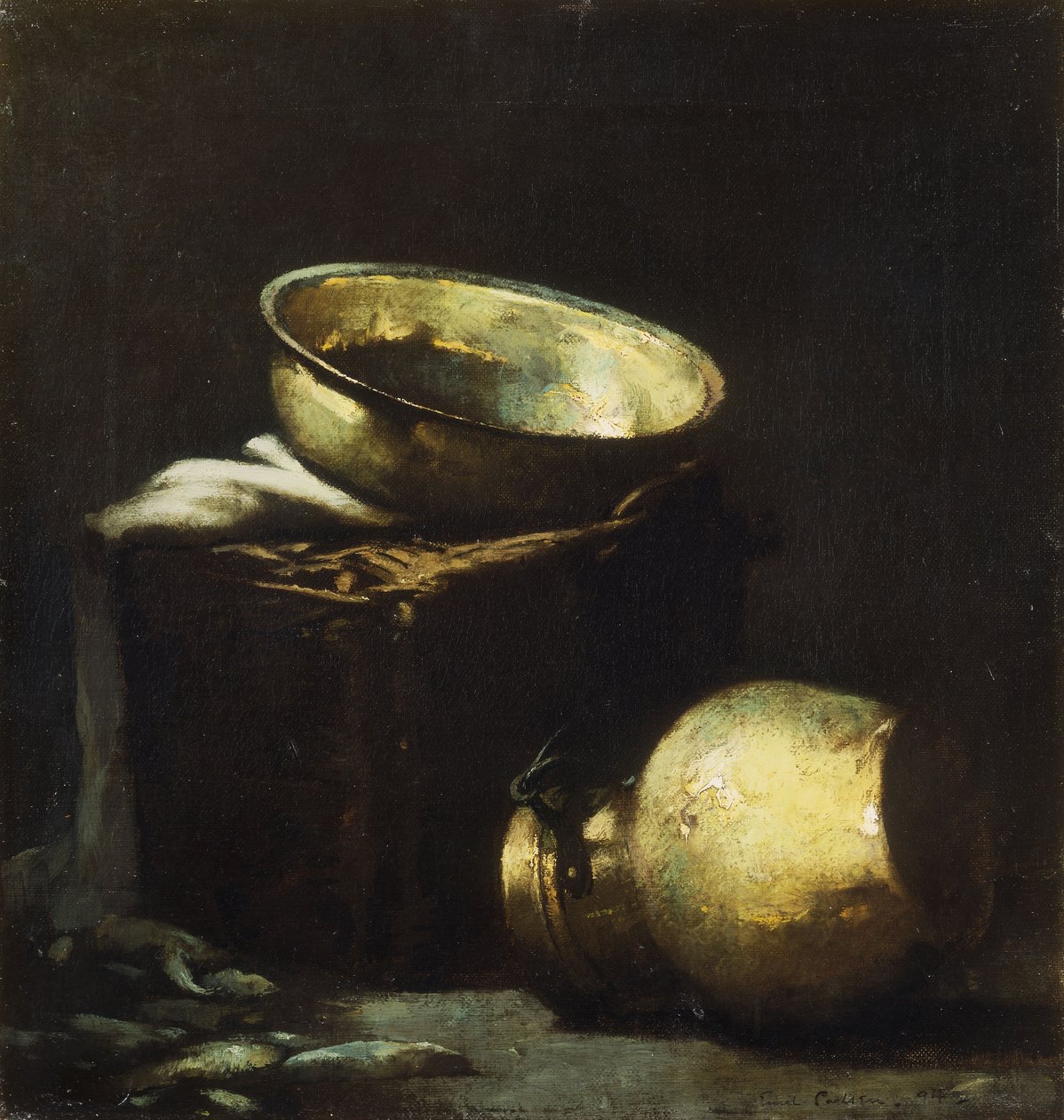 Stilleben med kobbergryter og svart fisk av Emil Carlsen
