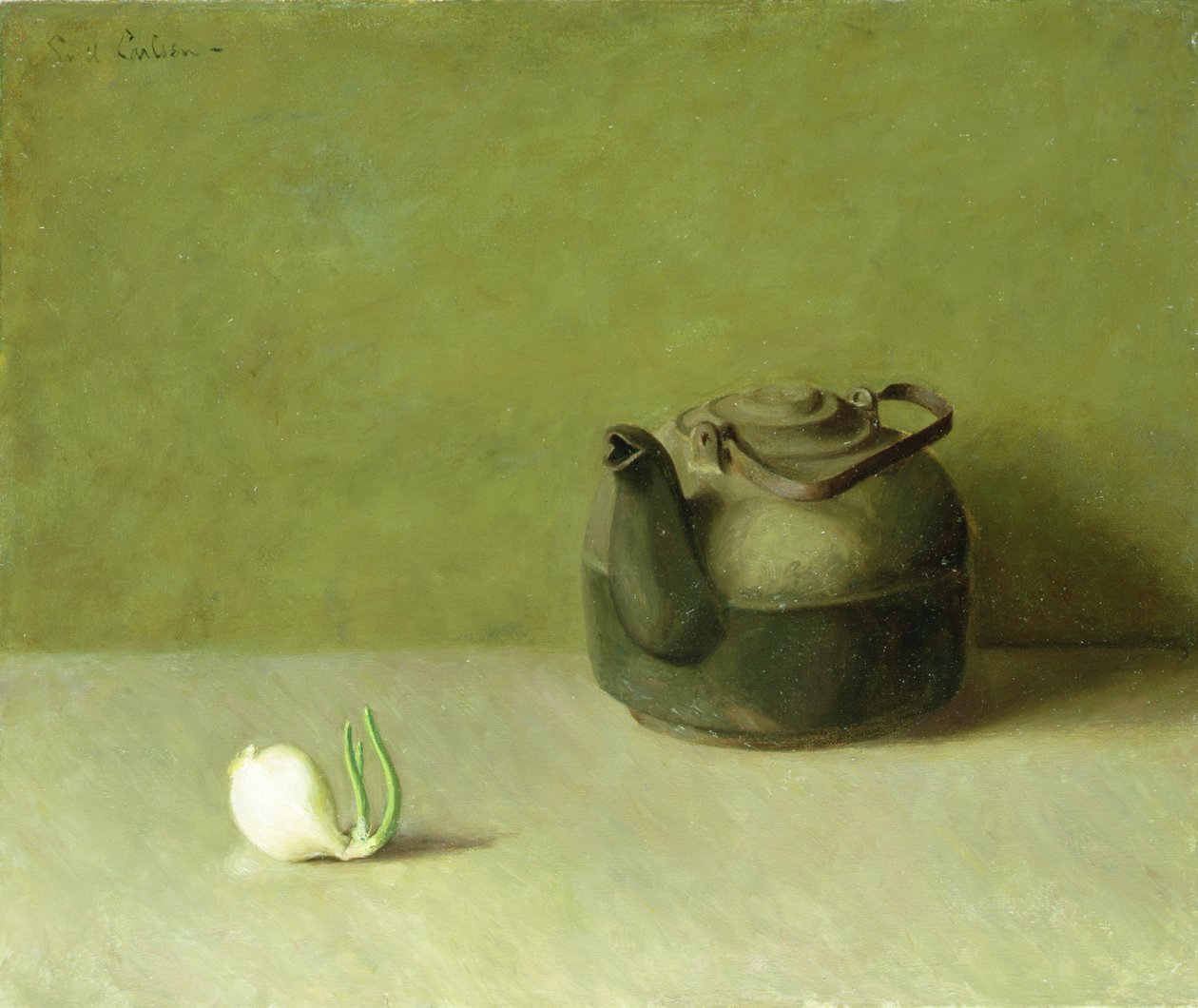 Stilleben med tekanne og løk (olje på lerret) av Emil Carlsen