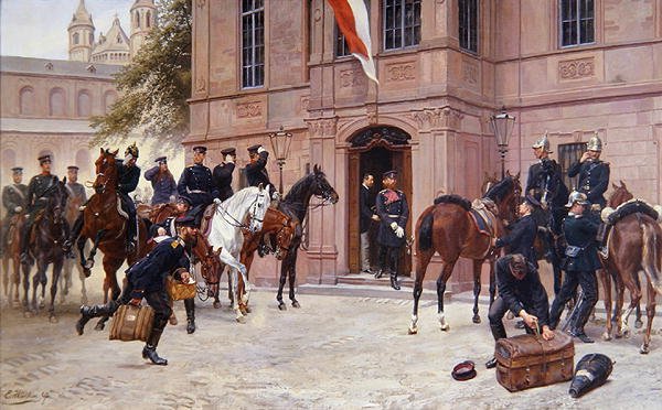 Kronprins Ludwig IV av Hessen-Darmstadt tar farvel med Cornelius Heyl, før Schlosschen, Worms, da han drar til slaget ved Sedan i 1870 (olje på lerret) av Emil Huenten