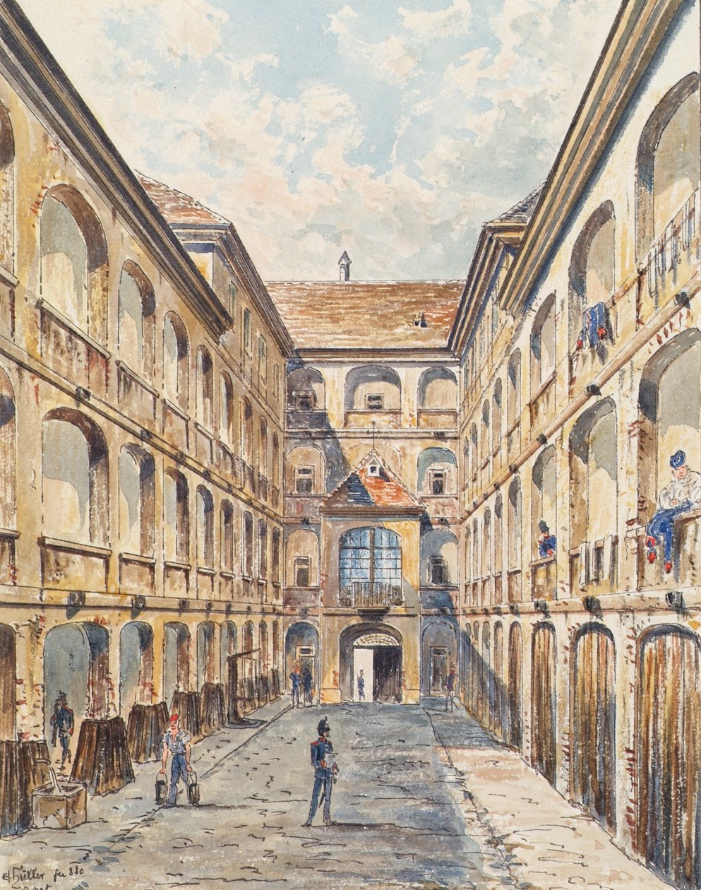 Den første gårdsplassen til Salzgries-kasernen i Wien av Emil Hütter