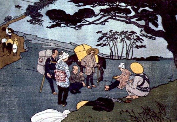 Reisende bryter på en fjellvei i Japan av Emil Orlik