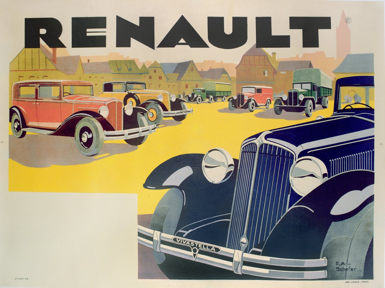 Annonse for Renault-biler, ca. 1920 av Emile Andre Schefer