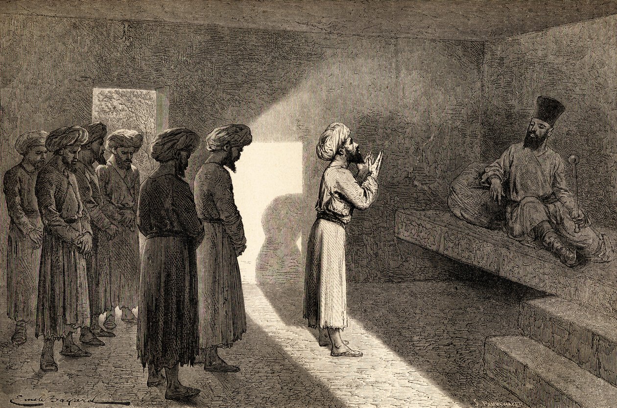 Arminio Vambery mottatt i audiens av Khan fra Khiva, Usbekistan, Sentral-Asia, under sine reiser dit i 1863, illustrasjon fra 
