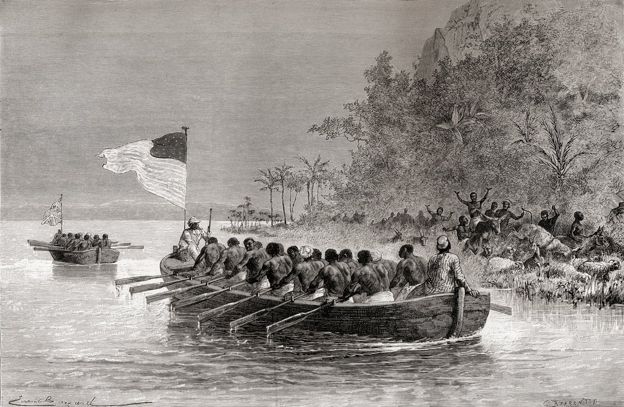 Dr. David Livingstone i den første båten, med engelsk flagg, og Henry Morton Stanley i den andre båten, med amerikansk flagg, under deres ekspedisjon i Afrika i 1872, illustrasjon fra 
