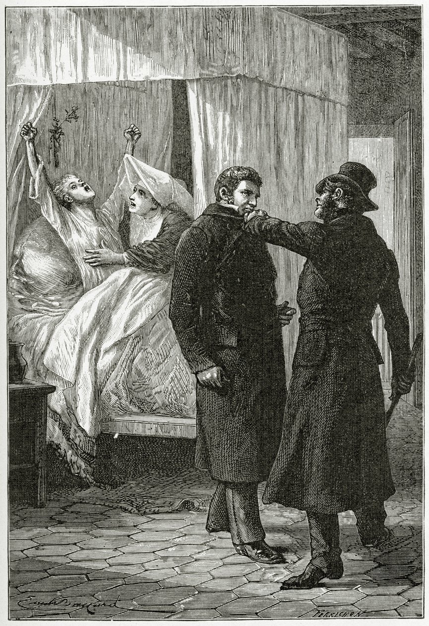 La mort de Fantine - Illustrasjon fra Les Misérables, 1800-tallet (bw gravering) av Emile Antoine Bayard