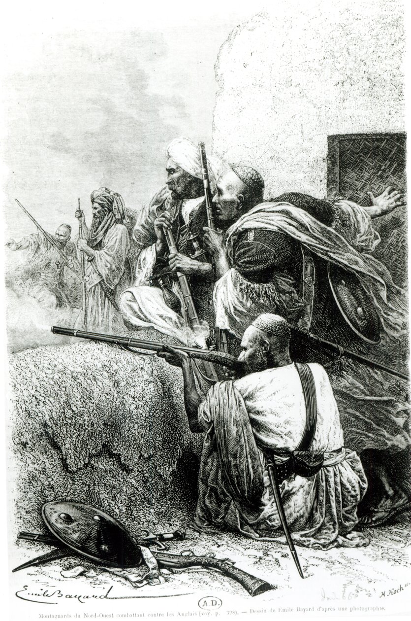 Nordvest-afghanske fjelltropper som kjemper mot britene, gravert av H. Koch av Emile Antoine Bayard