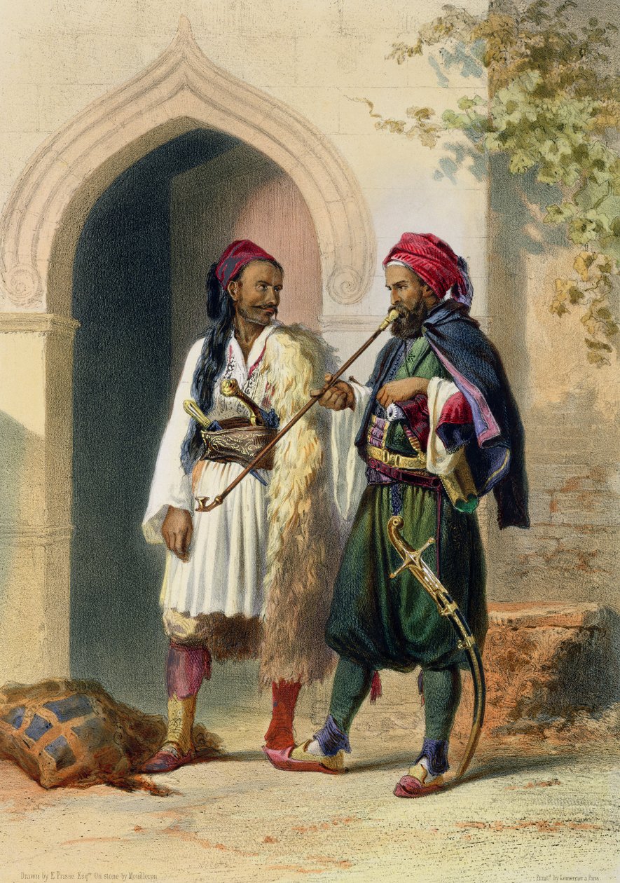 Arnaout og Osmanli Soldiers in Alexandria, illustrasjon fra 'The Valley of the Nile', gravert av Mouilleron, pub. av Lemercier, 1848 av Emile Prisse d