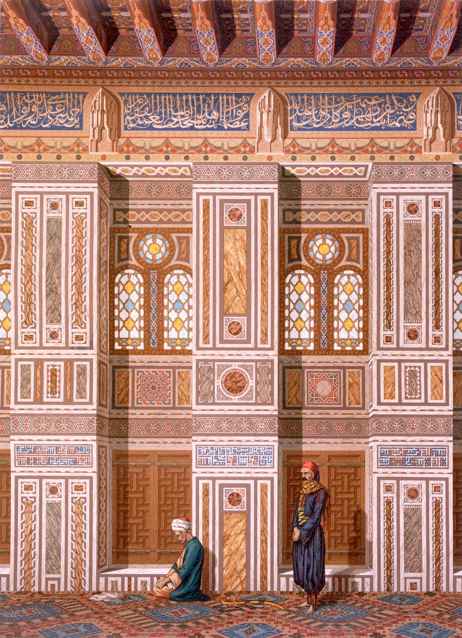 Kairo: Interiør av moskeen i Qaitbay; tilbedere ber ved sideveggen til Mihrab 1400-tallet, 1800-tallet (chromolitho) av Emile Prisse d