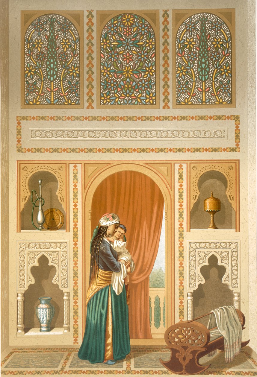 Kairo: Interiør i hjemmet til Sidi Youssef Adami: en kvinne som står i et rom med rik mosaikk- og marmordekorasjon, 1800-tallet av Emile Prisse d