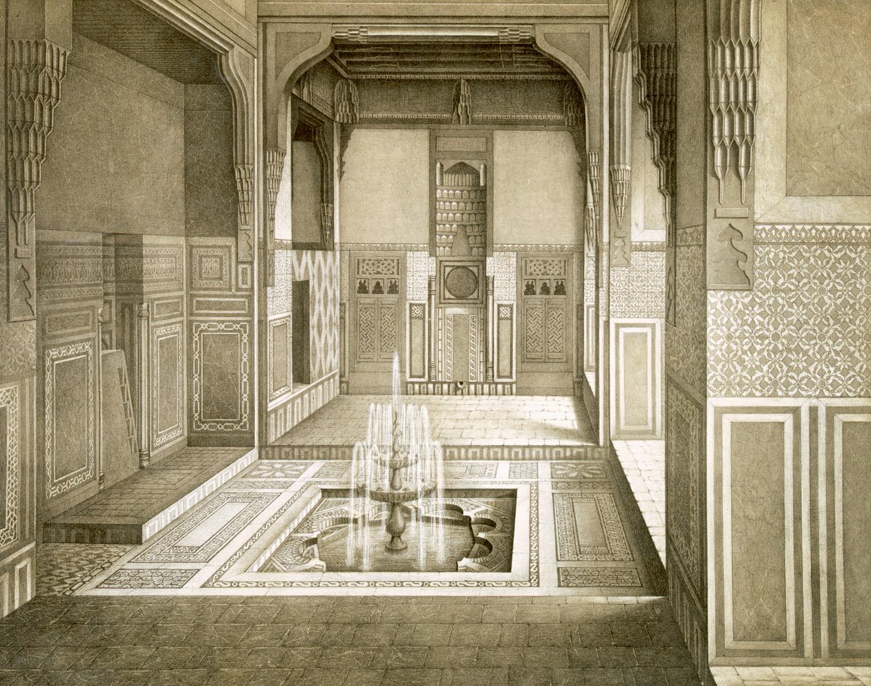 Kairo: Mandarah: Mottaksrom, første etasje, med basseng og fontene, 1800-tallet av Emile Prisse d