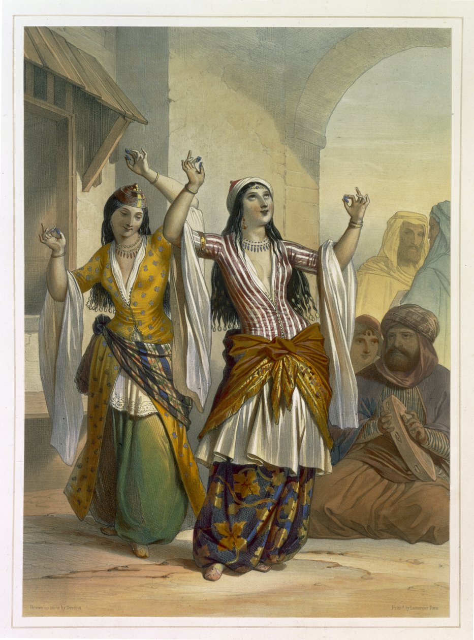 Egyptian Dancing Girls Performing the Ghawazi at Rosetta, illustrasjon fra 