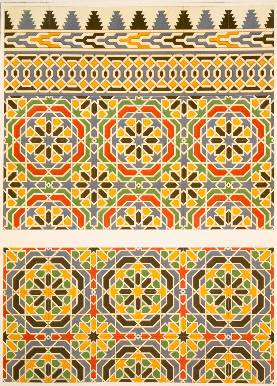 Geometrisk keramikk (Faience) dekorasjon fra moskeen i Cheykhoun, 1800-tallet (trykk) av Emile Prisse d