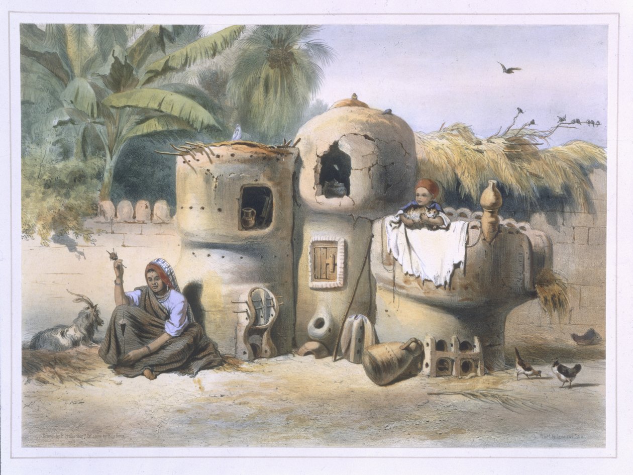Bondeboliger i Øvre Egypt, illustrasjon fra 'Nildalen', gravert av puben Eugene Le Roux (1807-63). av Lemercier, 1848 av Emile Prisse d