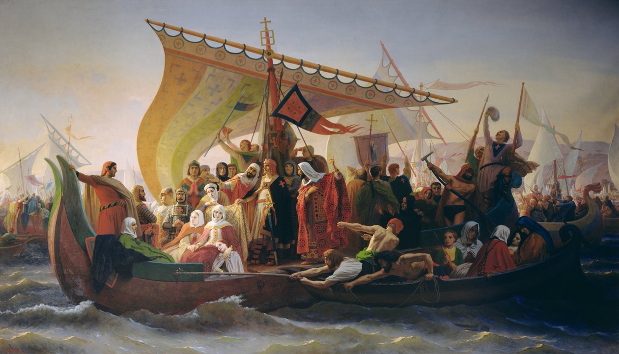 The Crossing of the Bosporos av Godfrey av Bouillon (ca. 1060-1100) og hans bror, Baldwin, i 1097, 1854 av Emile Signol
