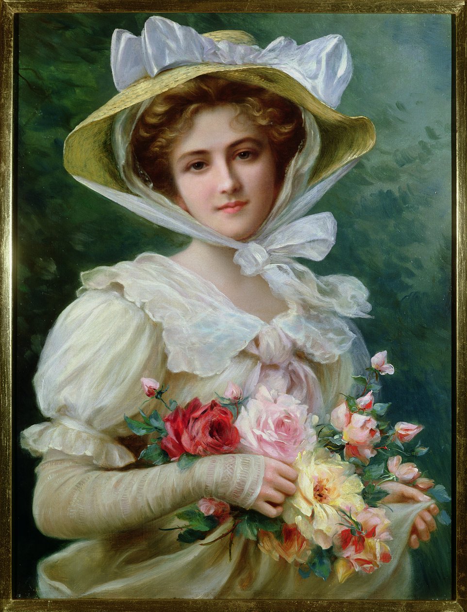 Elegant dame med en bukett roser av Emile Vernon
