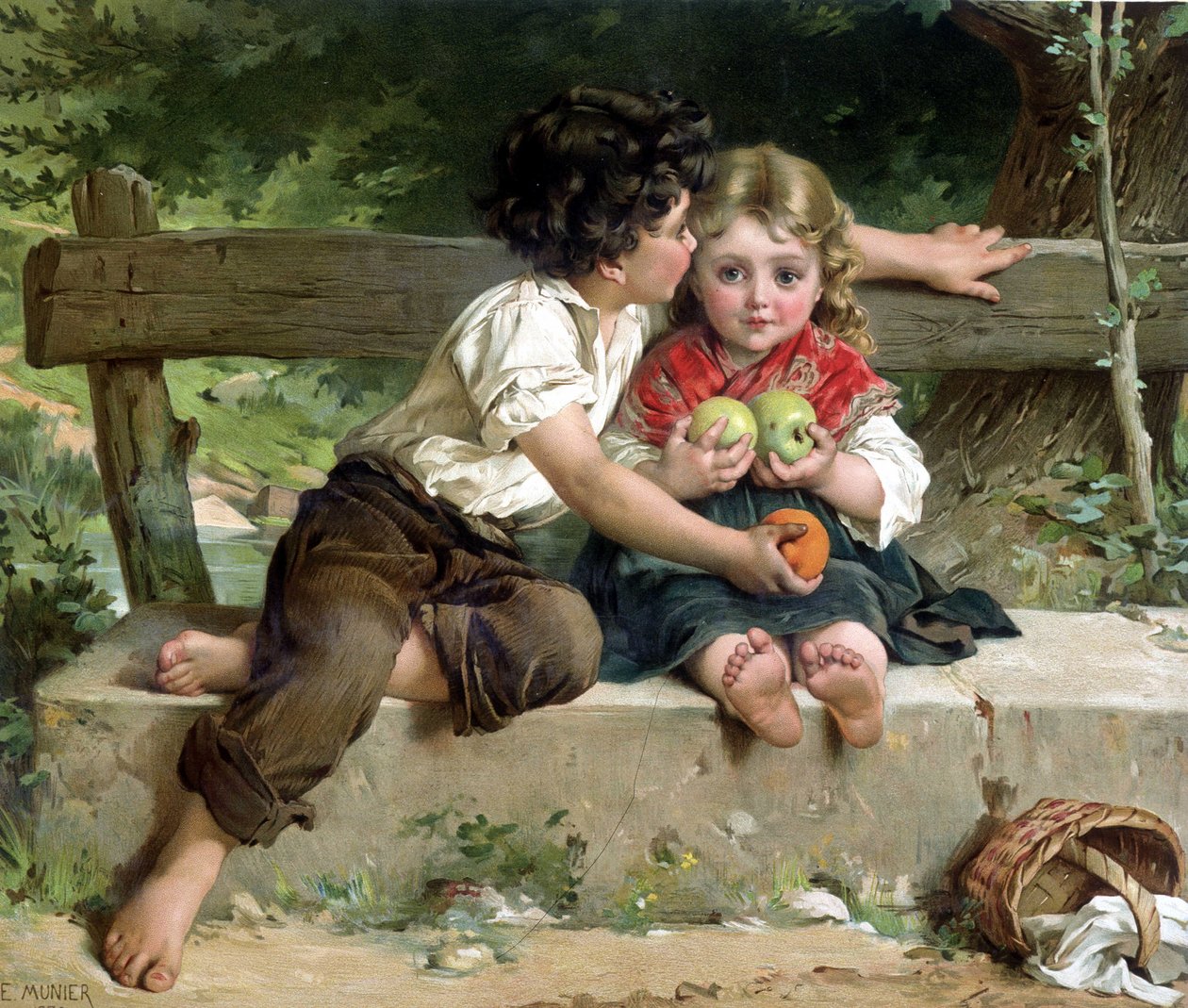 Guttegutt kysser jente og gir henne epler, ifølge E. Munier av Émile (after) Munier