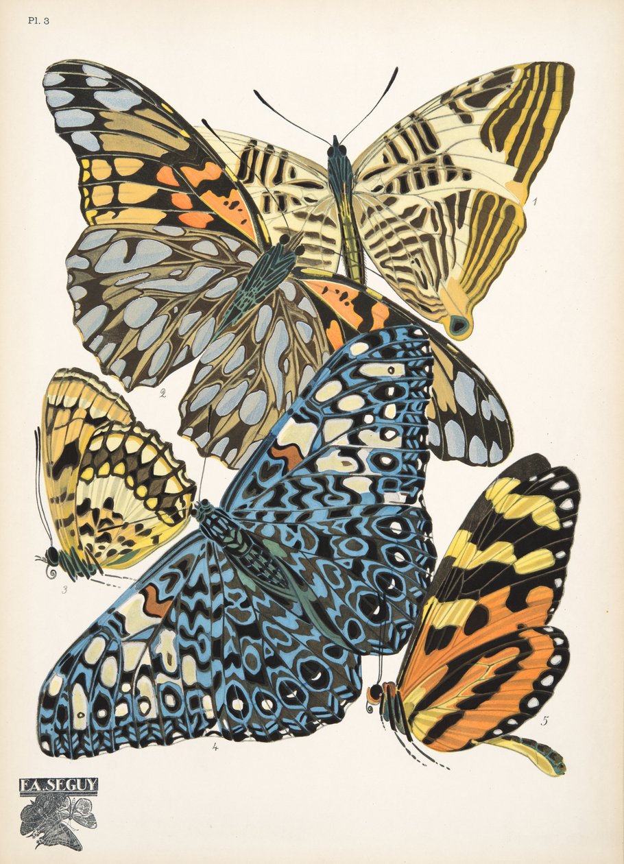Tallerken 3, fra Butterflies, pub. 1925 (stensiltrykk) av Émile Allain Séguy