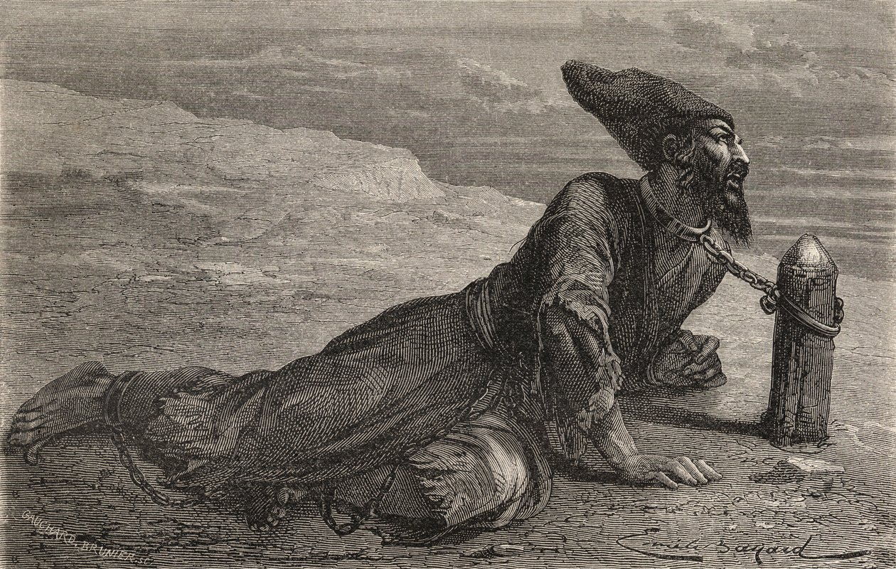 En persisk slave holdt fanget i Tyrkia, illustrasjon fra 'The World in the Hands', gravert av Gauchard-Brunier, utgitt 1878 (gravering) av Emile Antoine (after) Bayard
