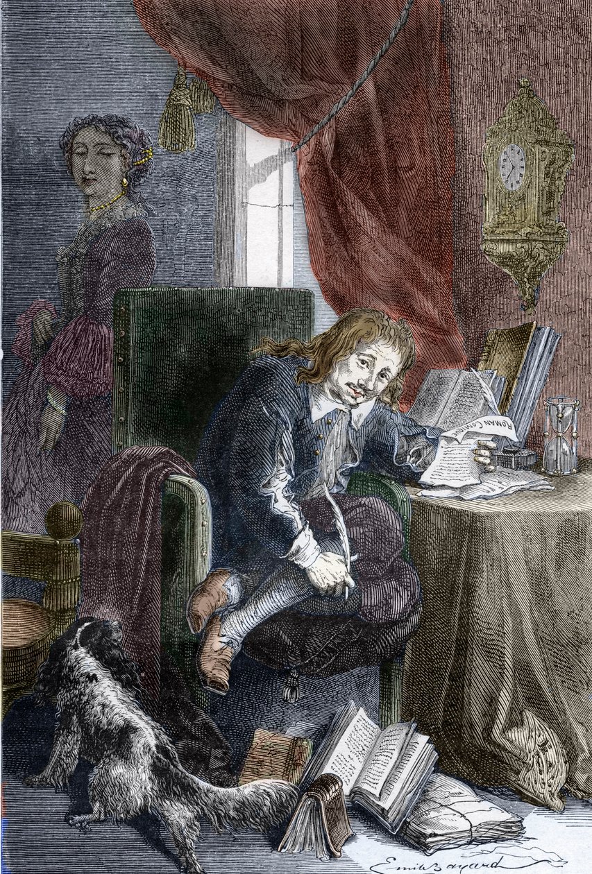 Portrett av den franske forfatteren Paul Scarron (1610-1660) forfatter av burleske komedier, han er representert på en ugyldig stol, hans kone Francoise d
