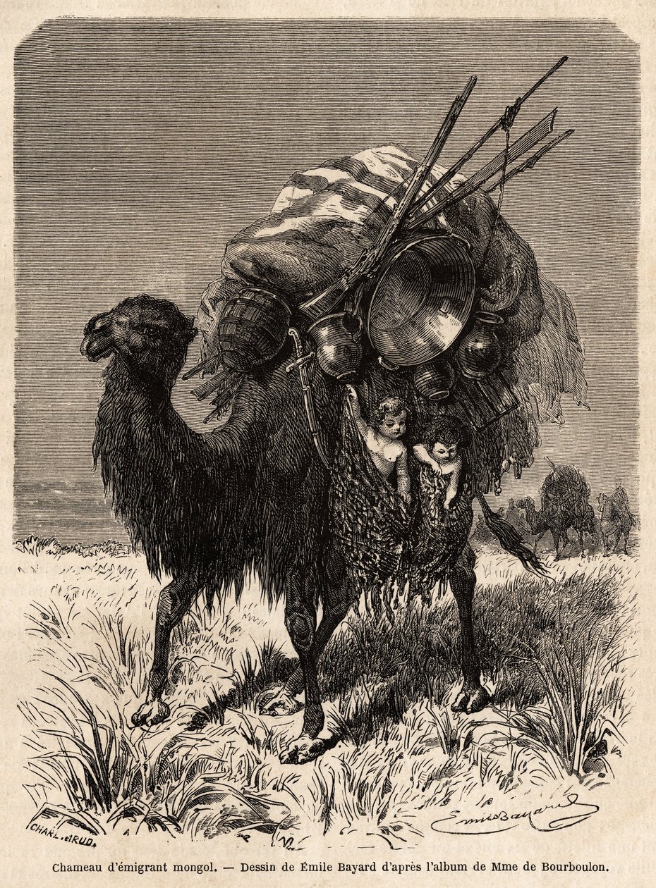 En mongolsk emigrantkamel, som bærer proviant, diverse redskaper, tepper, tepper og tre av teltrammen, samt små barn i hengende kurver. Tegning av Emile Bayard (1837-1891), for å illustrere reisen fra Shanghai til Moskva, fra 1859 t. av Emile Antoine Bayard