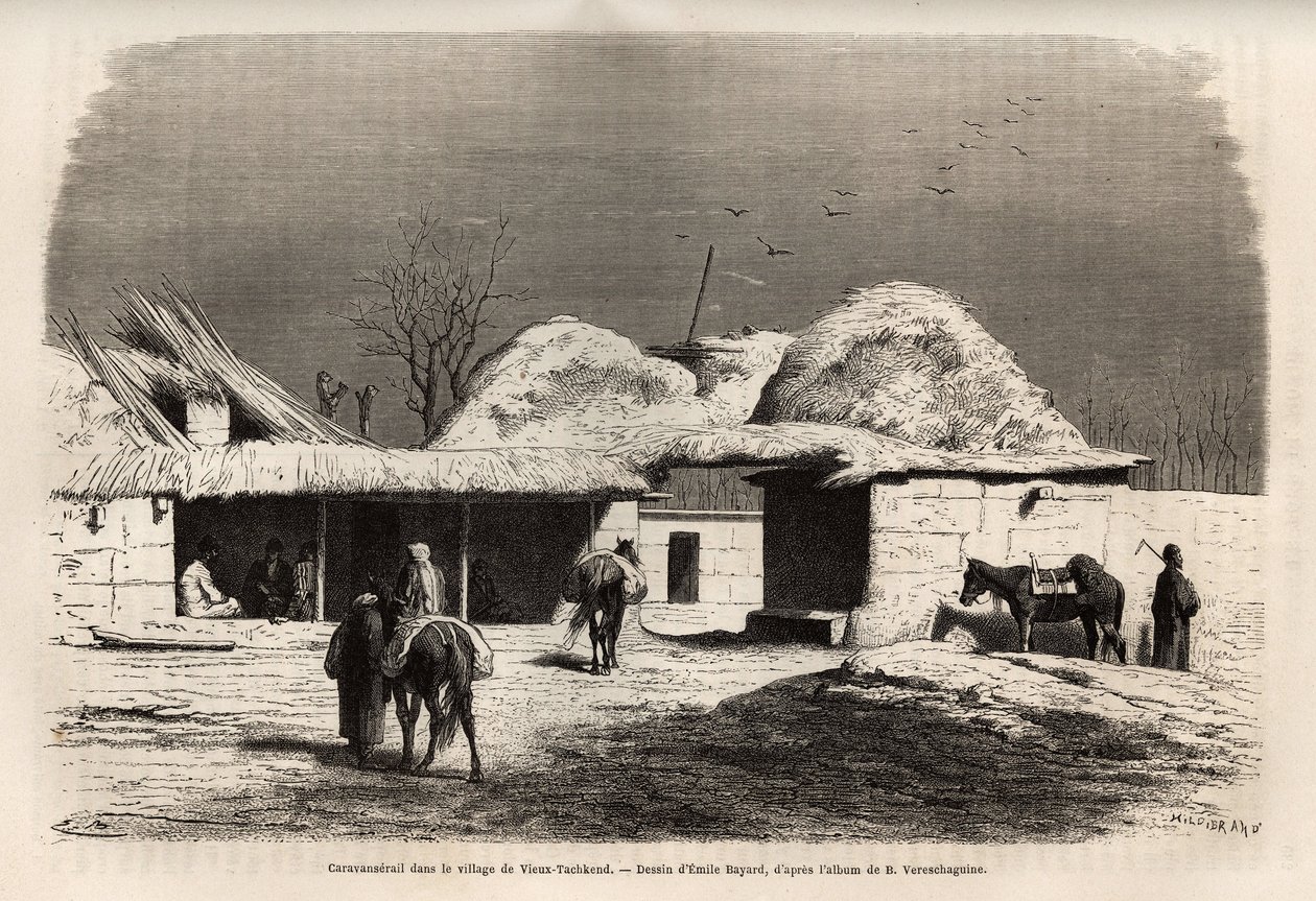 En caravanserail i landsbyen Old Tashkent (eller Tashkend), hovedstaden i russisk Turkestan, gravert etter en tegning av Emile Bayard, for å illustrere Basile Vereschagins reise til Sentral-Asia i 1867-1868, publisert i "Le tour du monde" 1873, redigert Ha av Emile Antoine Bayard