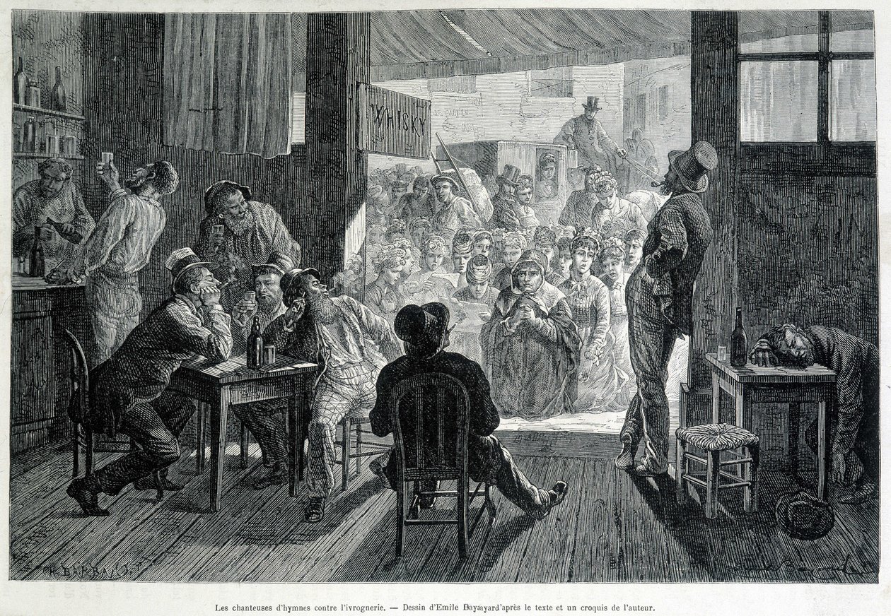 En gruppe kvinner foran en bar, forbudt for kvinner, synger salmer til fylliker mot alkoholisme av Emile Antoine Bayard