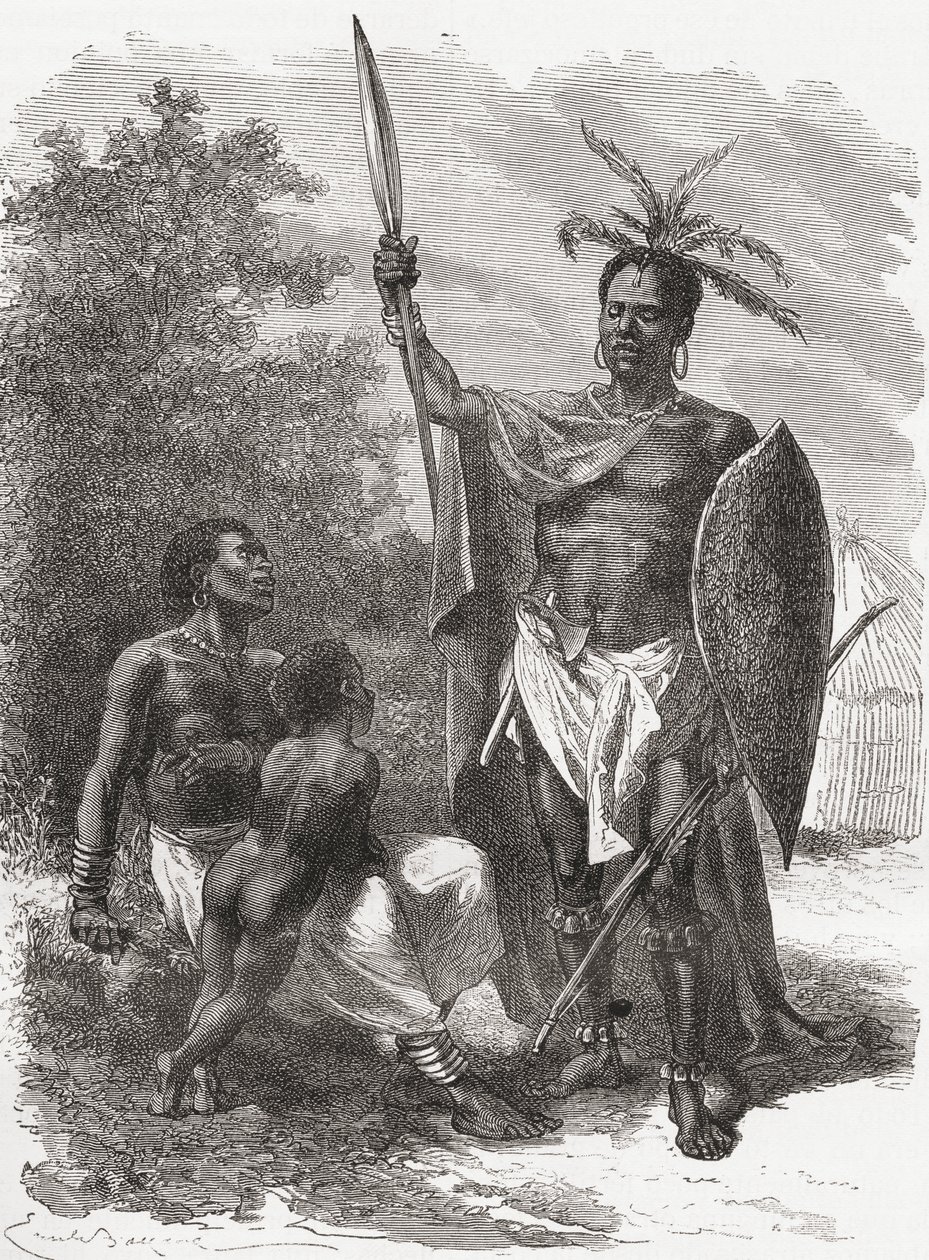En innfødt i Ougogo, Sentral-Afrika, i krigsdrakt, illustrasjon fra 