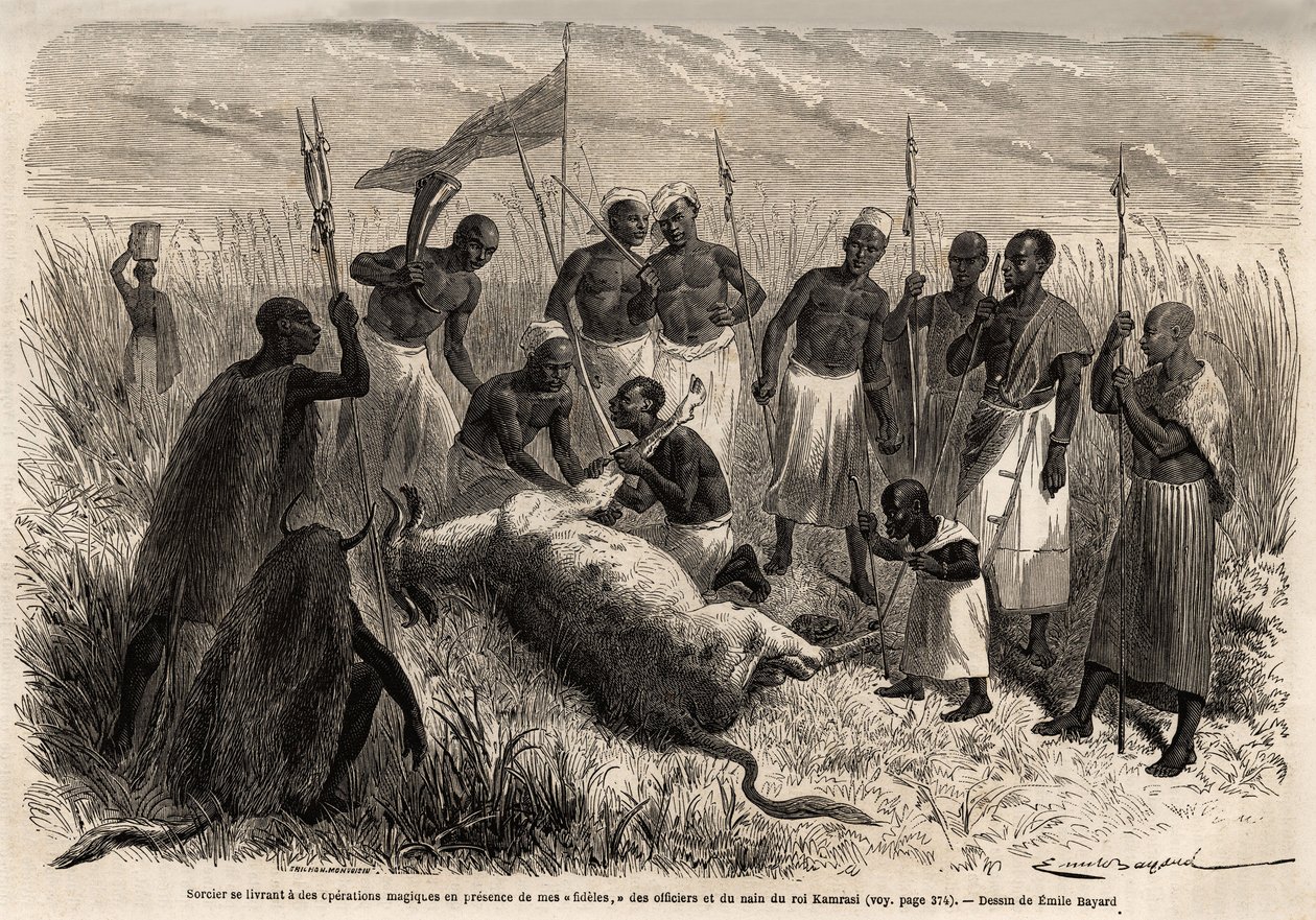 En trollmann engasjerer seg i magiske operasjoner på en slaktet storfekjøtt i Uganda, tegning av Emile Bayard (1837-1891), som illustrerer kaptein Spekes oppdagelsesreise i Afrika fra 1860 til 1863. Gravering i "" Le tour du monde"", redigert av Edouard Ch av Emile Antoine Bayard