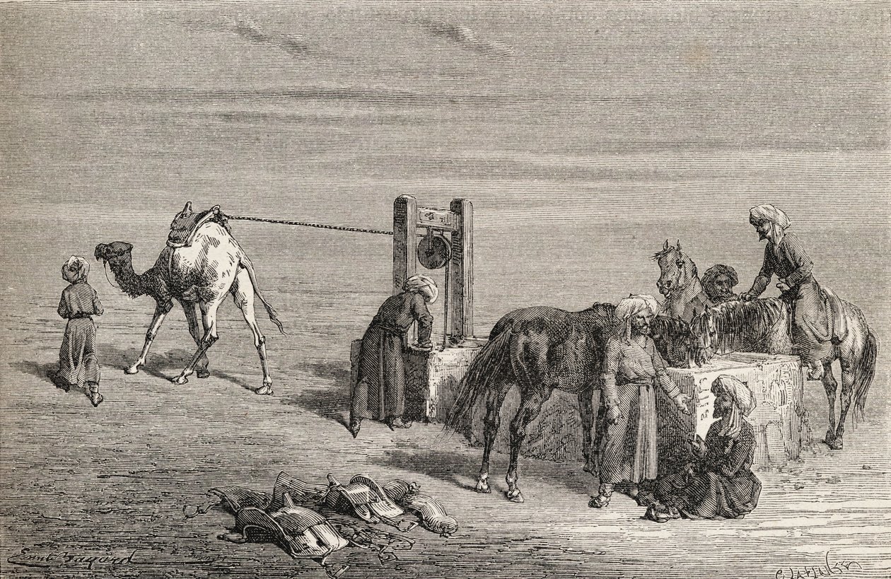 En brønn i ørkenen mellom Samarkand og Karshi, Usbekistan, illustrasjon fra 'The World in the Hands', gravert av Charles Laplante (d.1903), utgitt 1878 av Emile Antoine Bayard