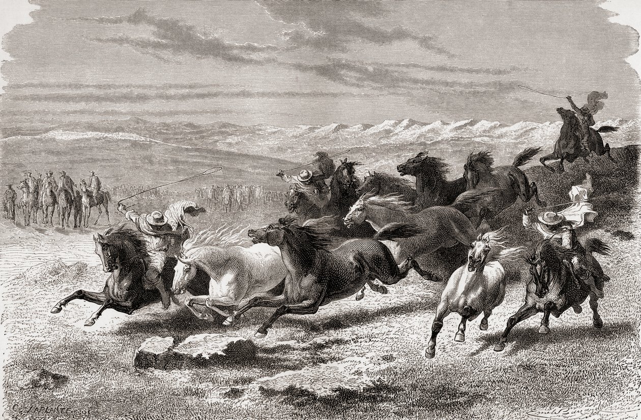 Argentinske gauchoer som samler ville hester, illustrasjon fra 
