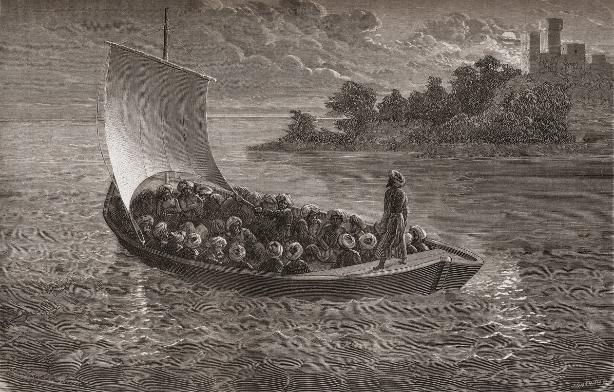 Arminio Vambery og hans følgesvenner som navigerte det kaspiske hav i 1863, illustrasjon fra 