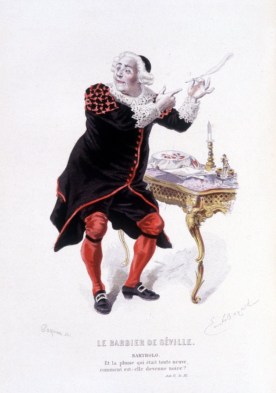 Bartholo i Barberen i Sevilla i Ovre complet de Beaumarchais (1732-1799) av Edouard Fournier, Ed. Laplace, Sanchez et Cie, Paris 1876 (gravering) Her Bartholo i Barberen av Sevilla av Emile Antoine Bayard