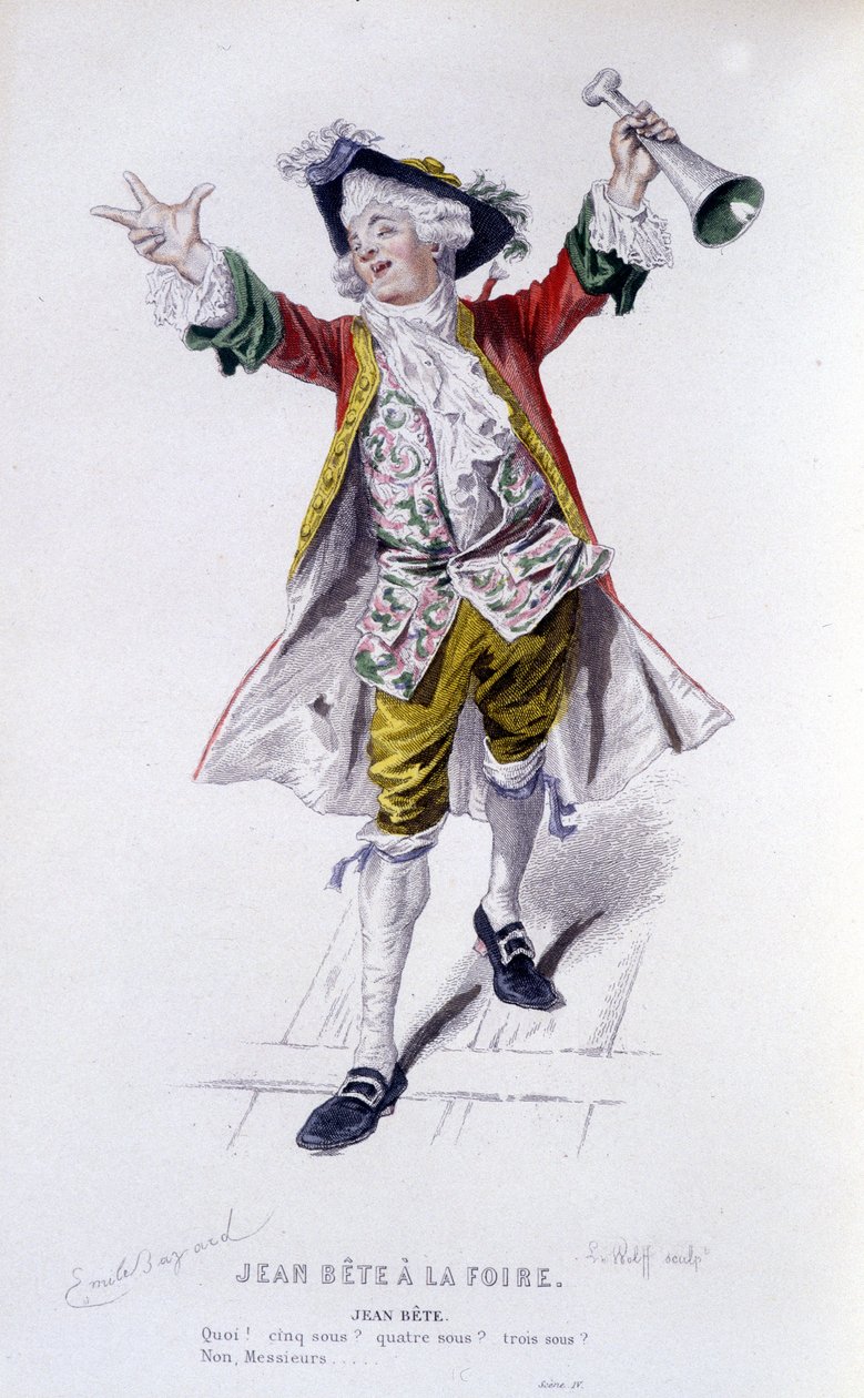 , Komplett verk av Beaumarchais (1732-1799) av Edouard Fournier. tegning av Emile Bayard. Ed. Laplace, Sanchez et Cie, Paris 1876. Dette er Jean Beast i "" Jean Beast at the Fair"" av Emile Antoine Bayard