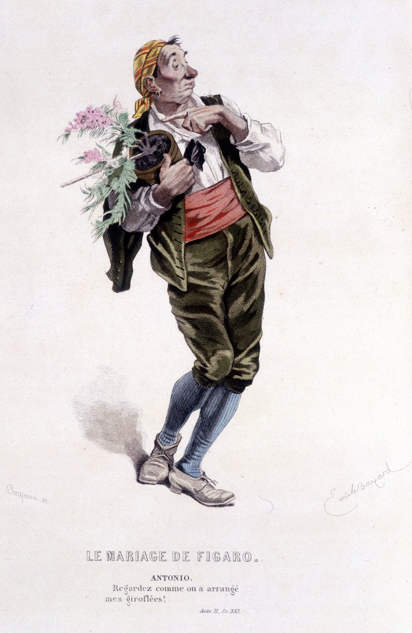 Komplett verk av Beaumarchais (1732-1799) av Edouard Fournier. tegning av Emile Bayard. Ed. Laplace, Sanchez et Cie, Paris 1876. Dette er Antonio i «Bryllupet til Figaro»» av Emile Antoine Bayard