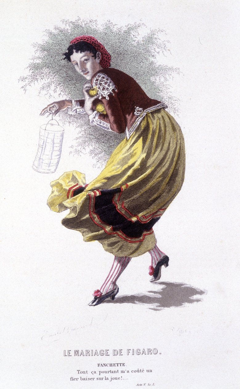 Komplett verk av Beaumarchais (1732-1799) av Edouard Fournier. tegning av Emile Bayard. Ed. Laplace, Sanchez et Cie, Paris 1876. Dette er Fanchette i «The Wedding of Figaro» av Emile Antoine Bayard