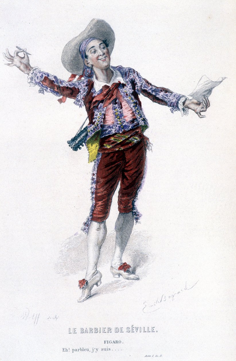 Komplett verk av Beaumarchais (1732-1799) av Edouard Fournier. tegning av Emile Bayard. Ed. Laplace, Sanchez et Cie, Paris 1876. Dette er Figaro i «Barberen i Sevilla» av Emile Antoine Bayard