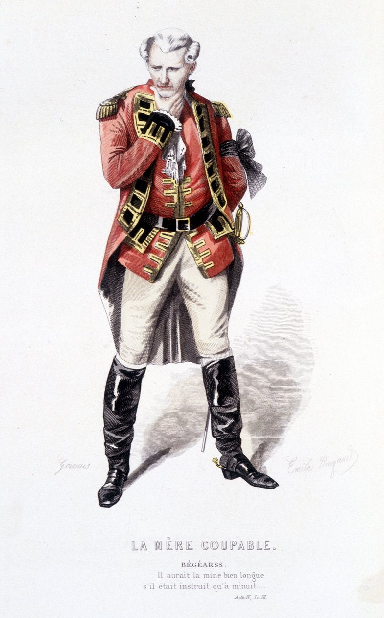 Komplett verk av Beaumarchais (1732-1799) av Edouard Fournier. tegning av Emile Bayard. Ed. Laplace, Sanchez et Cie, Paris 1876. Dette er Begearss i «The guilty mother» av Emile Antoine Bayard