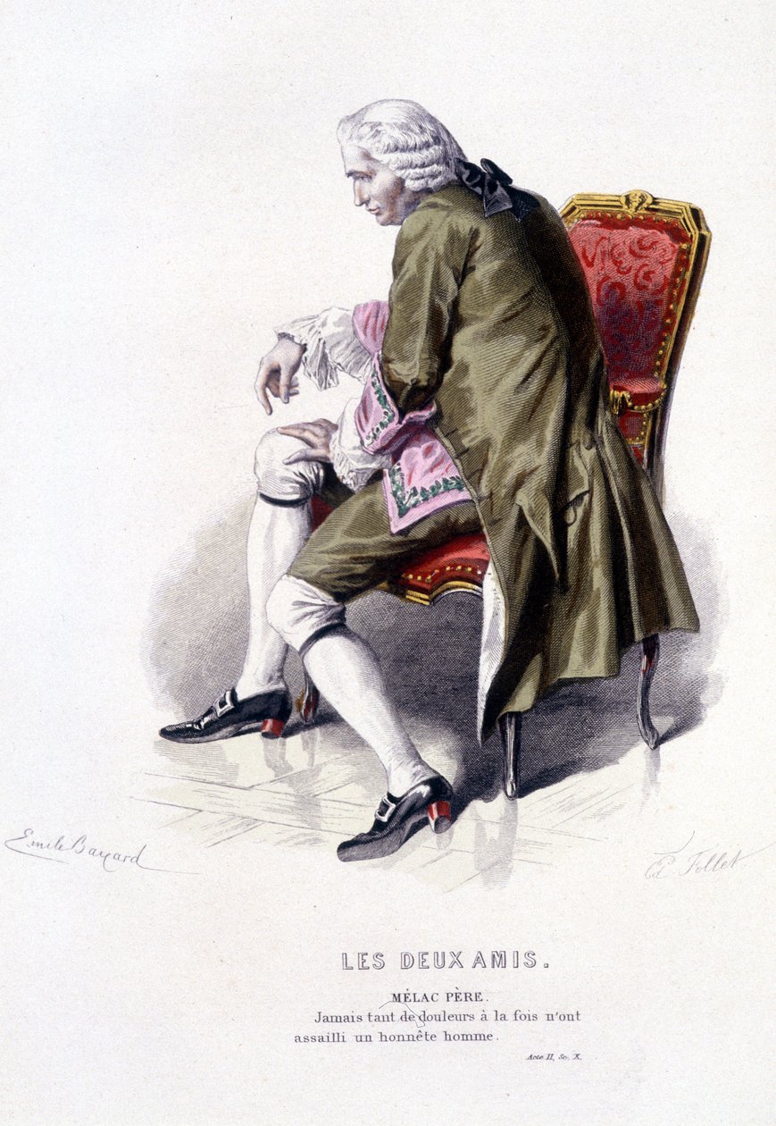 Komplett verk av Beaumarchais (1732-1799) av Edouard Fournier. tegning av Emile Bayard. Ed. Laplace, Sanchez et Cie, Paris 1876. Dette er Melac Father i «The Two Friends» av Emile Antoine Bayard