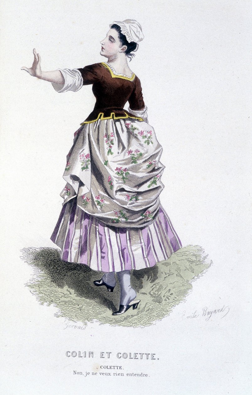 Komplett verk av Beaumarchais (1732-1799) av Edouard Fournier. tegning av Emile Bayard. Ed. Laplace, Sanchez et Cie, Paris 1876. Dette er Colette i «Colin og Colette» av Emile Antoine Bayard