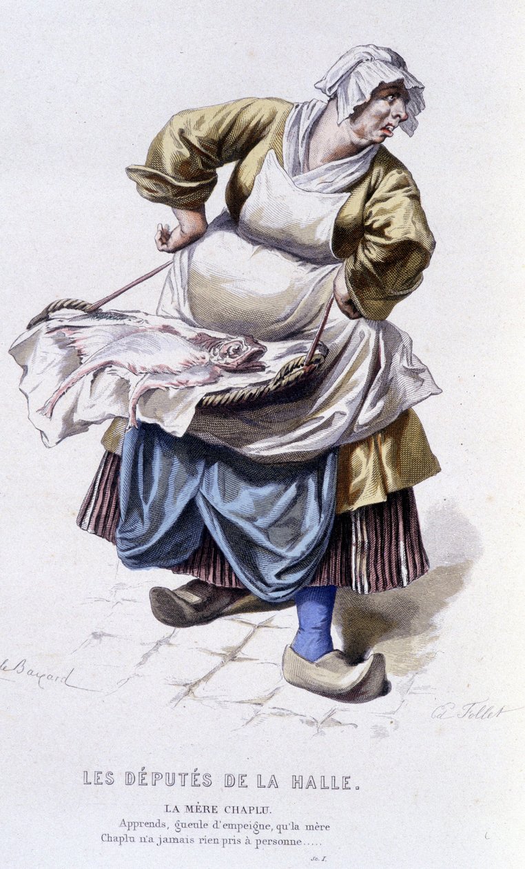 Komplett verk av Beaumarchais (1732-1799) av Edouard Fournier. tegning av Emile Bayard. Ed. Laplace, Sanchez et Cie, Paris 1876. Dette er Mother Chaplu i «The Deputates of the Hall» av Emile Antoine Bayard