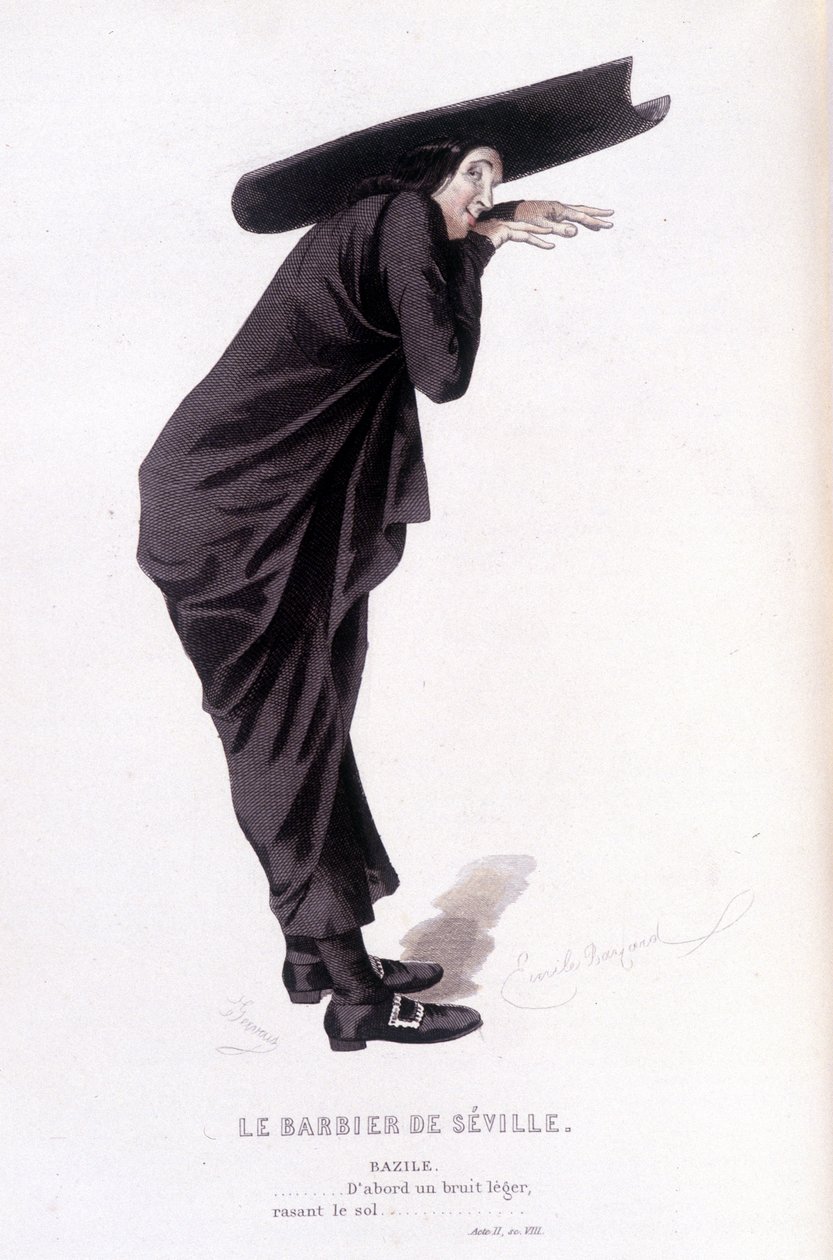 Komplett verk av Beaumarchais (1732-1799) av Edouard Fournier. tegning av Emile Bayard. Ed. Laplace, Sanchez et Cie, Paris 1876. Dette er Bazile i «Barberen i Sevilla» av Emile Antoine Bayard
